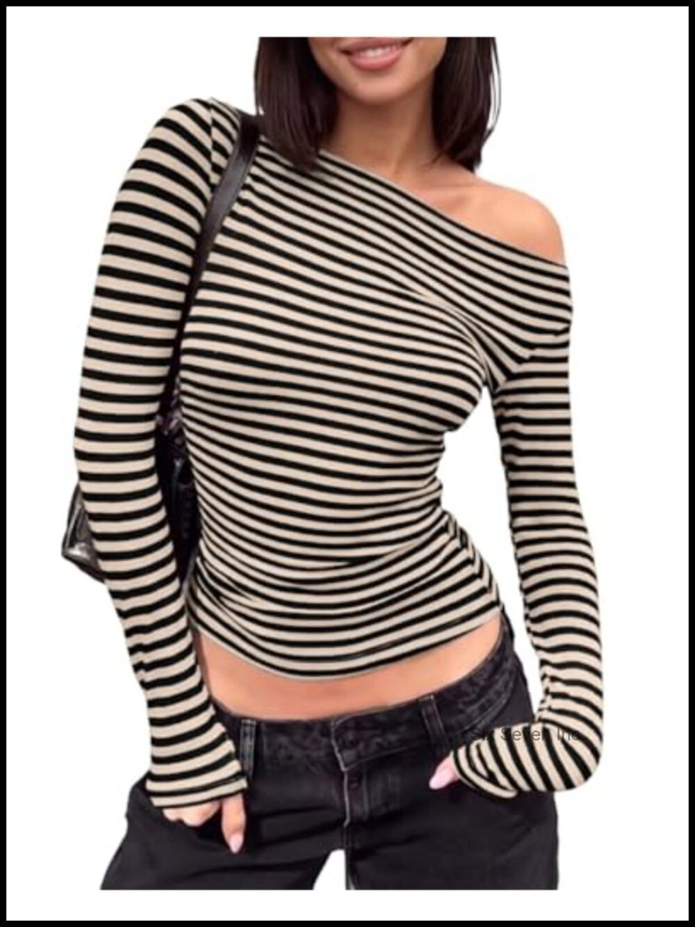 One Off Shoulder Striped Crop Tee Long Sleeve Slim Fit Y2K Top